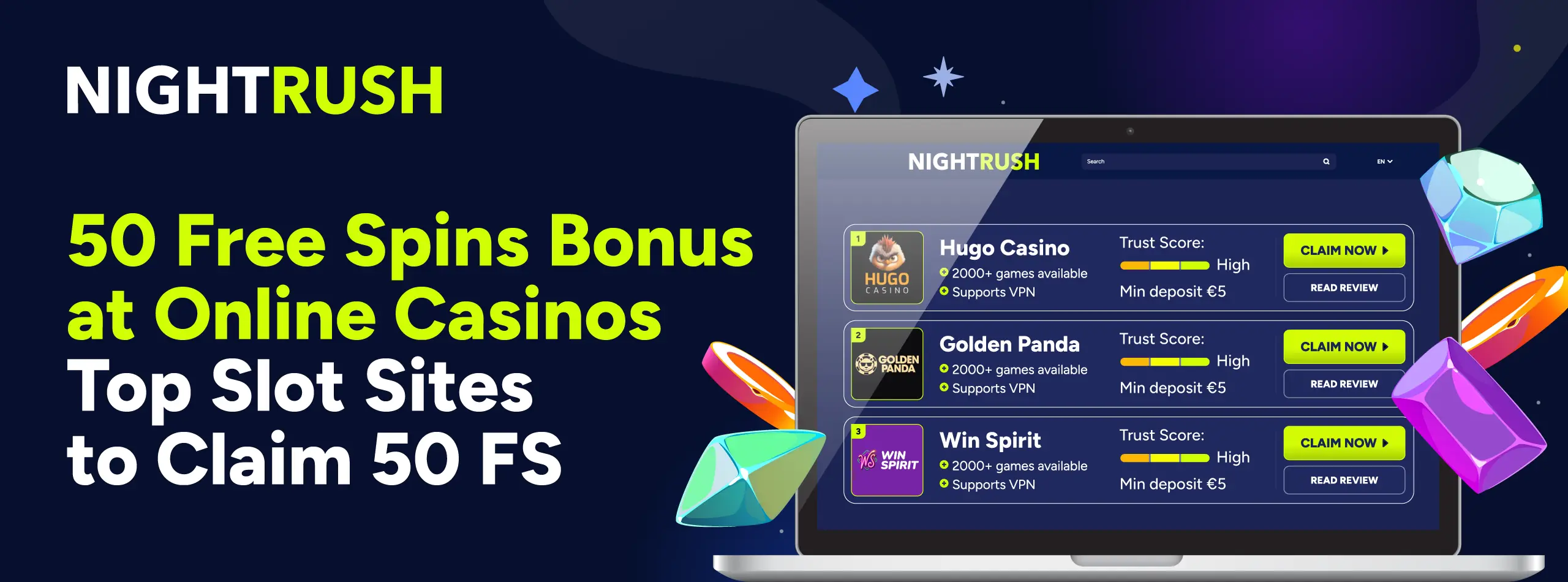 Laptop screen showing a list of top slot sites to claim 50 Free Spins.