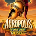A golden Spartan helmet rests above the Acropolis Fortune Dice logo against a sunset sky.