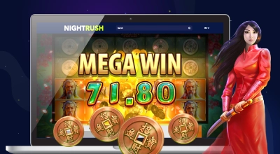 Laptop screen showing a Mega Win on an online slot game.