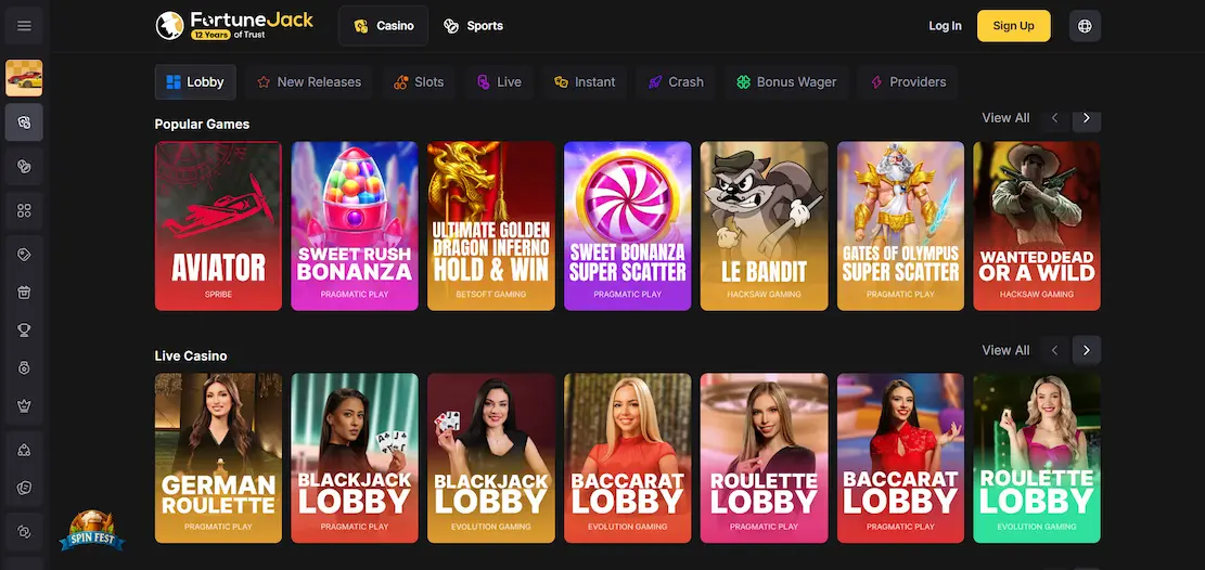 FortuneJack Casino’s game library is showing filters such as new releases, slots, live, and more, with selected games such as Le Bandit and Aviator against a black background.