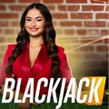 A woman in a red blazer stands at a blackjack table with BLACKJACK text below.