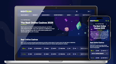 Online casino website shown on laptop and mobile screens.