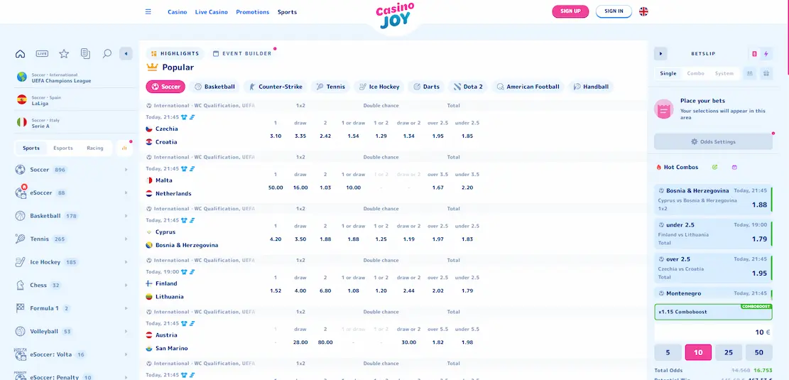 CasinoJoy sports betting page