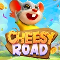 Logo for Cheesy Road featuring a cartoon mouse driving a red truck filled with cheese.
