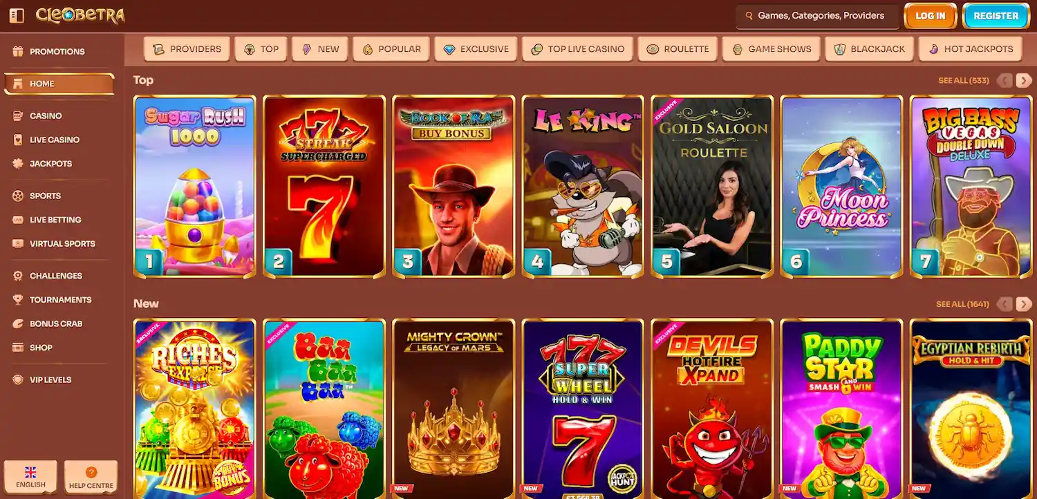 Cleobetra Casino homepage with slot games