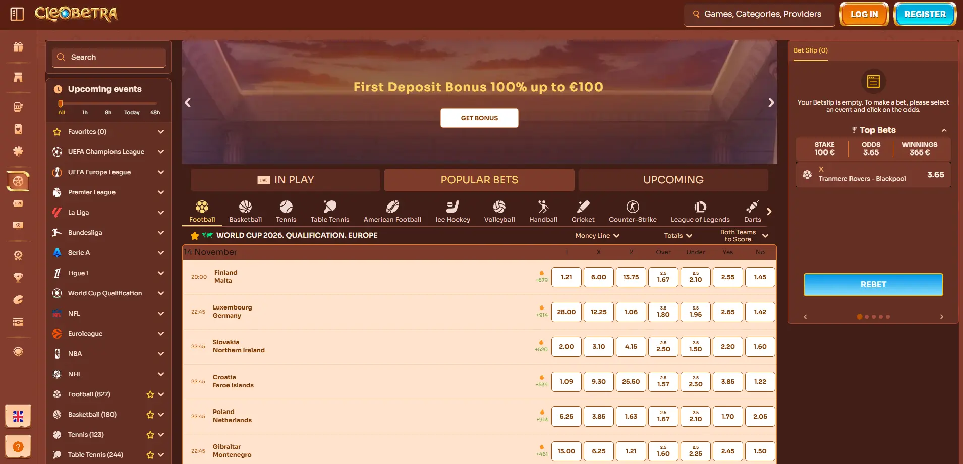 Cleobetra Casino sportsbook page