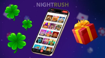 Mobile display of the 1Go Casino game lobby with slot games, a gift box, and four-leaf clovers.