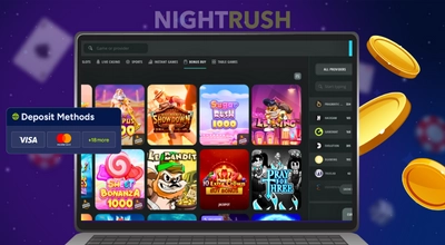 Drip Casino game lobby and deposit methods shown on a laptop.