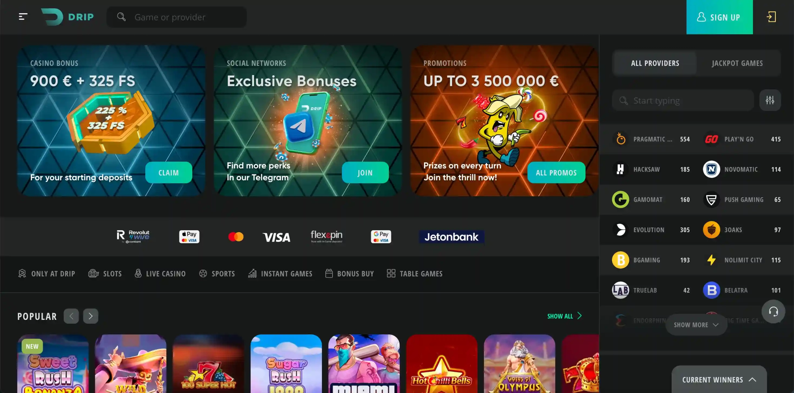 Drip Casino homepage.