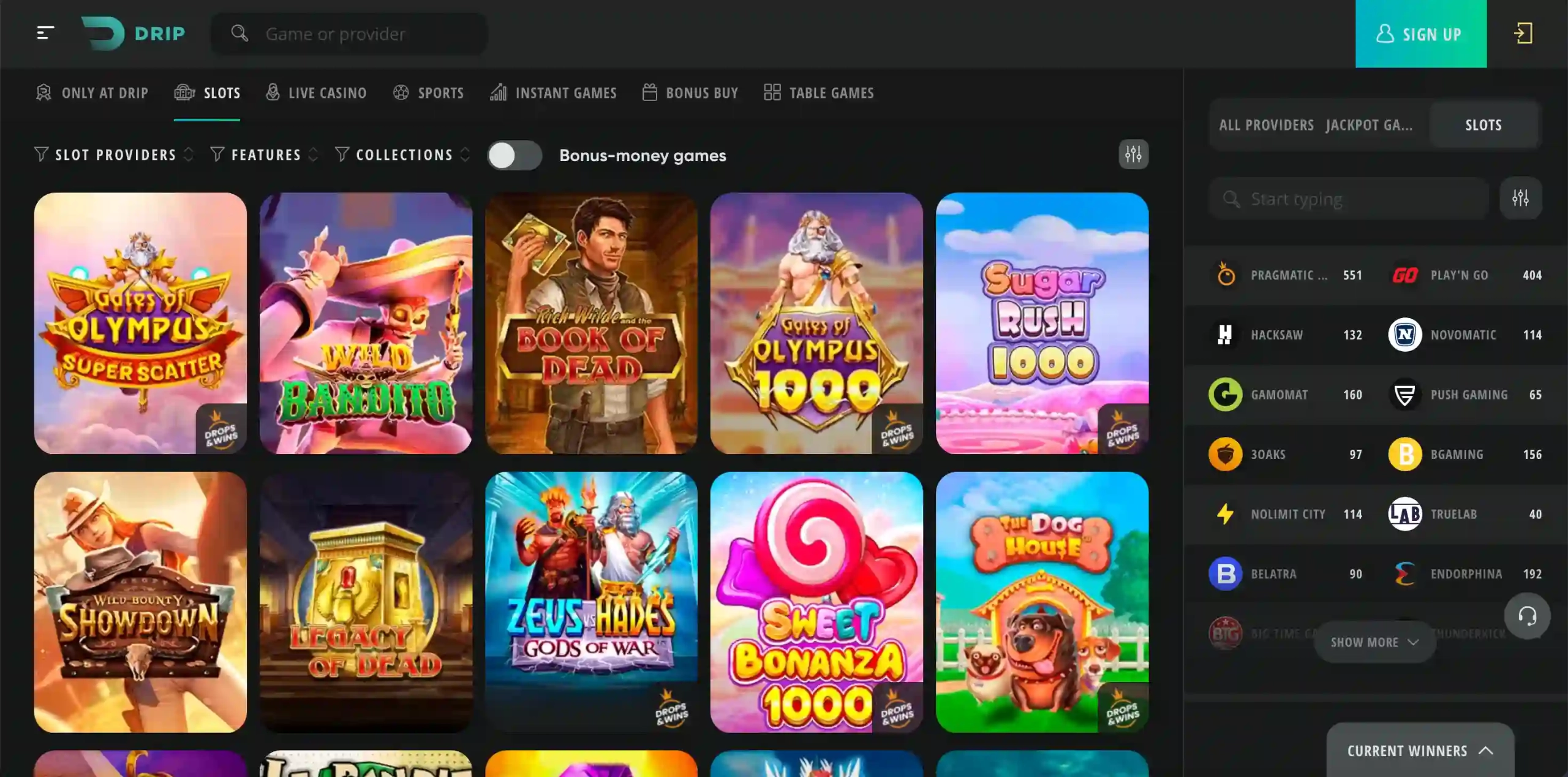 Drip Casino game selection.