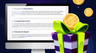 Laptop screen detailing no deposit bonus types like welcome, cash, and free spins.