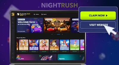 A laptop is showing FortuneJack Casino’s homepage, a claim now and visit website button, and a cursor, all against a starry blue background.