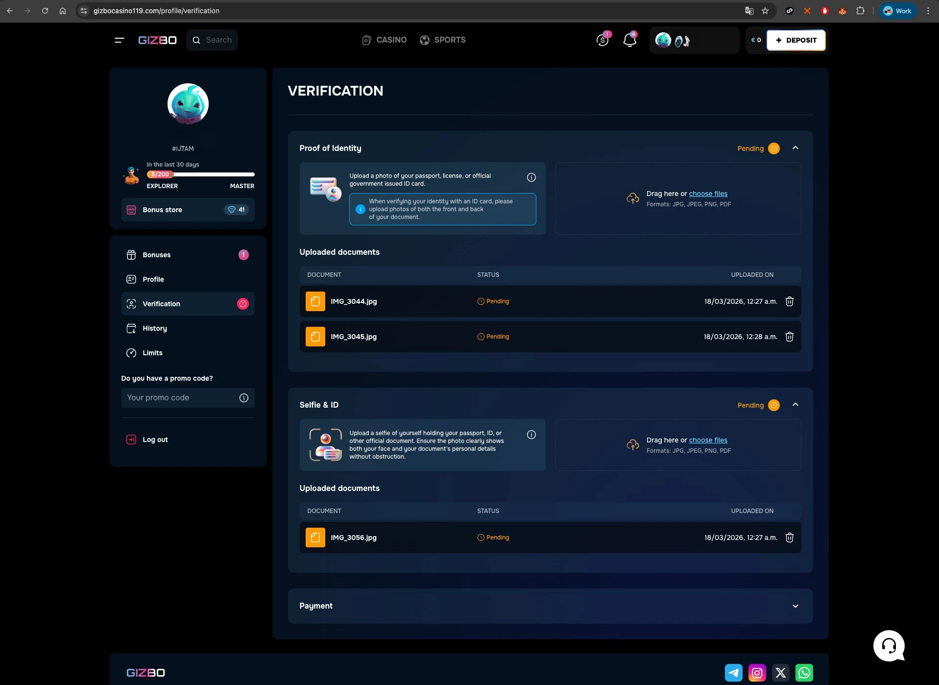 Gizbo Casino Account Verification