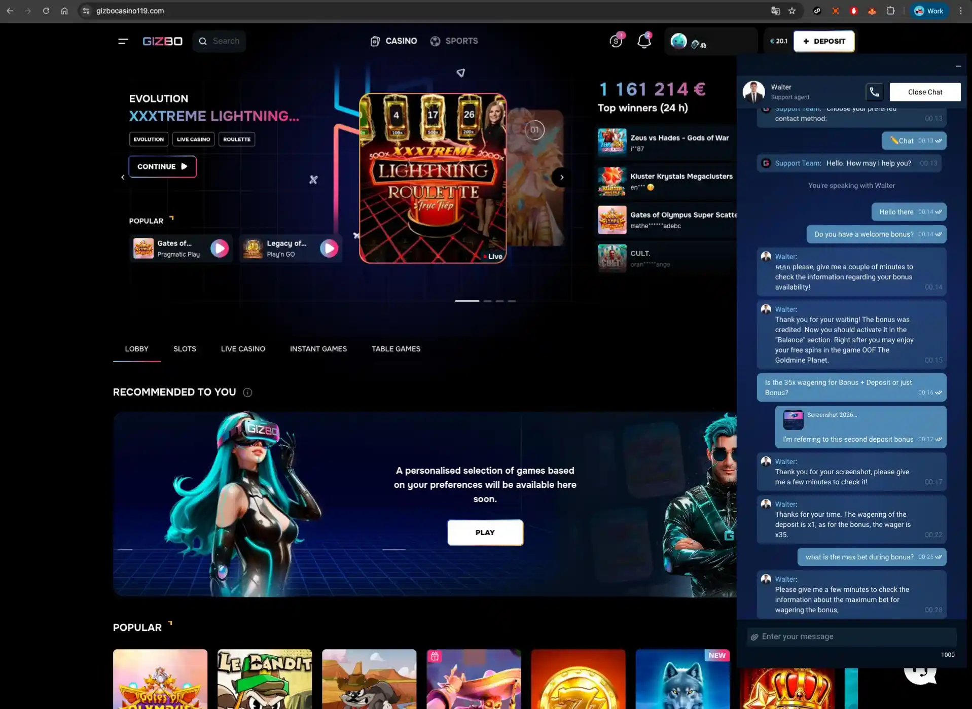 Gizbo Casino Bonus Live Chat