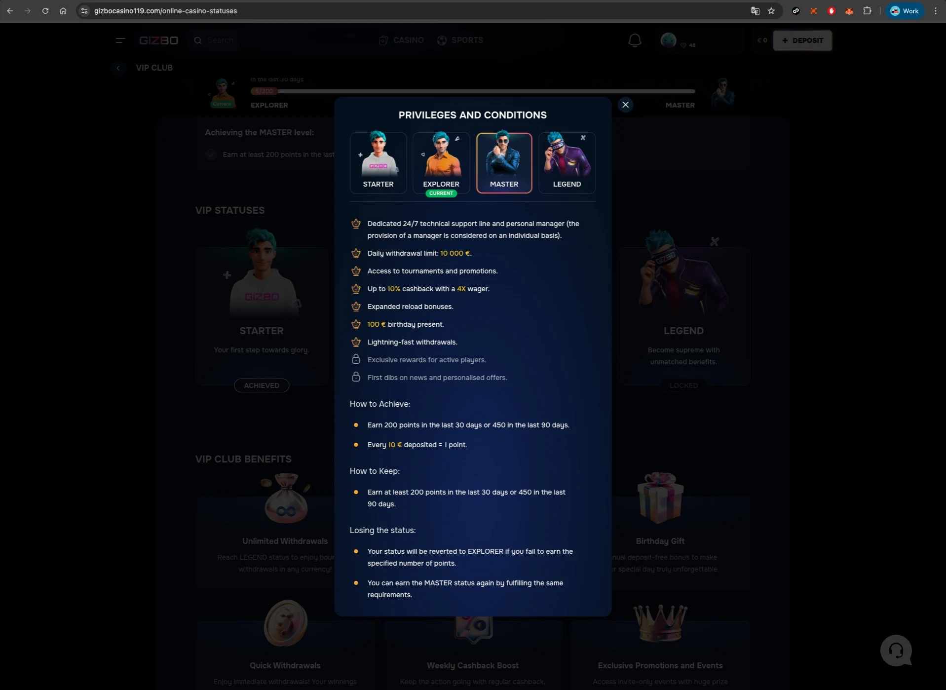 Gizbo Casino Master VIP Level