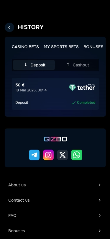 Gizbo Casino Deposit History