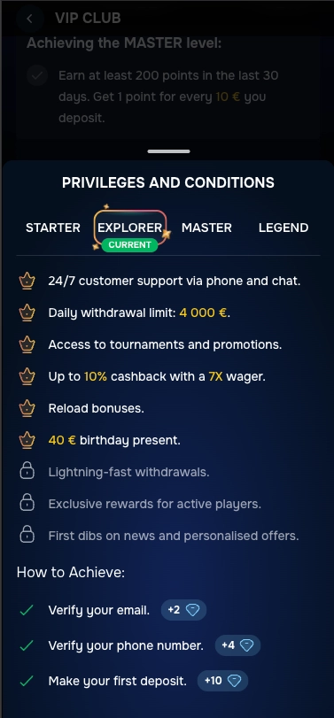 Gizbo Casino Explorer VIP Level