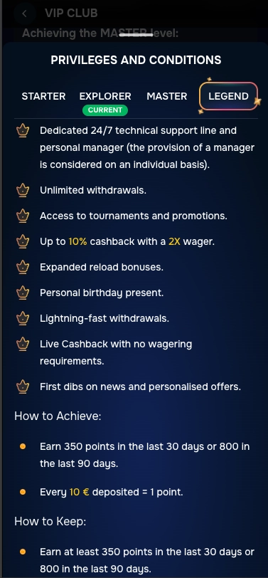 Gizbo Casino Legend VIP Level