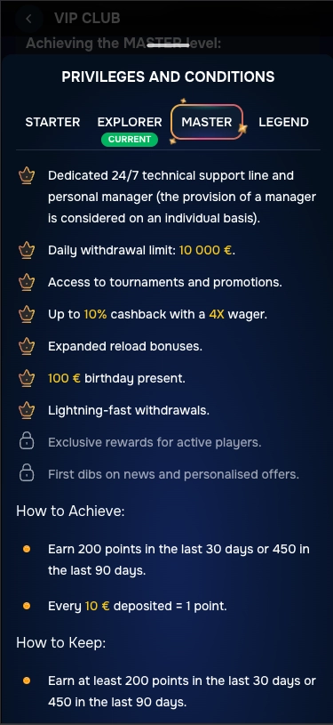 Gizbo Casino Master VIP Level