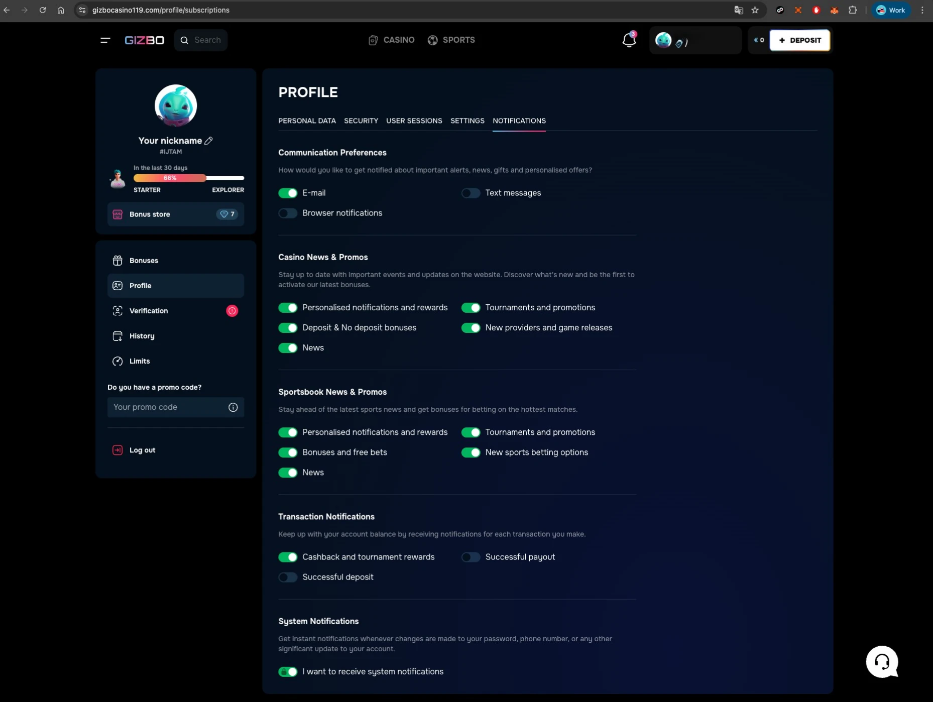 Gizbo Casino Profile Page