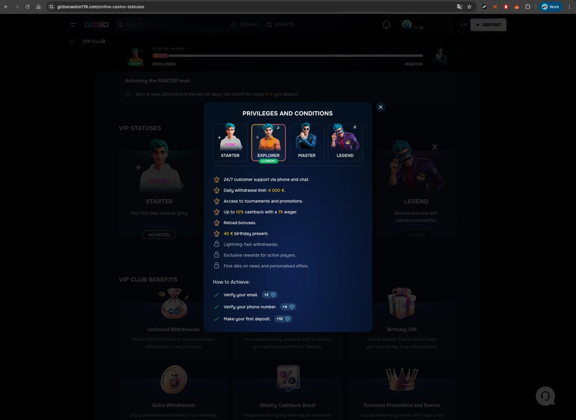 Gizbo Casino VIP Levels