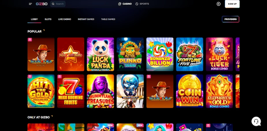 Gizbo Casino games page