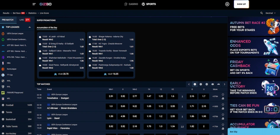 Gizbo Casino sports betting page