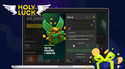 Laptop showing Holyluck Casino registration pop up.
