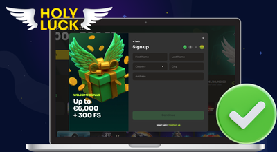 Laptop showing Holyluck Casino registration pop up with personal details.