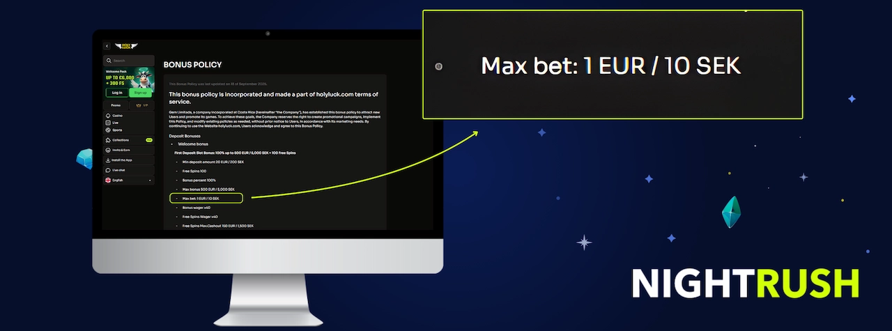 Monitor displaying the Bonus Policy page of Holyluck, with a callout box highlighting Max bet: 1 EUR / 10 SEK.