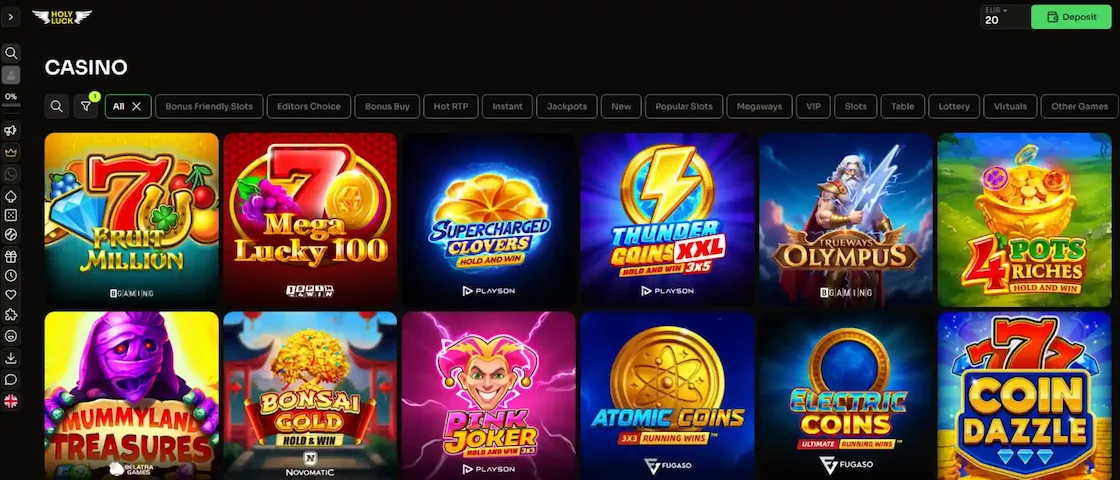 Screenshot of Holyluck's casino lobby.