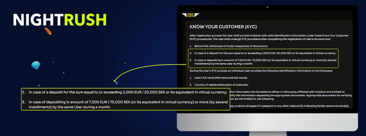Monitor showing KYC policy for HolyLuck. A callout box highlights sections 2 and 3.