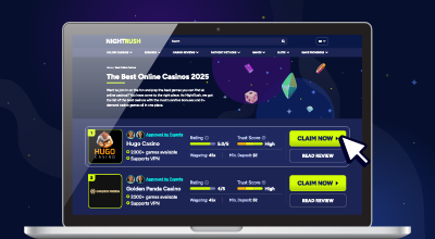 Casino list showing top sites with ratings and “Claim Now” buttons.