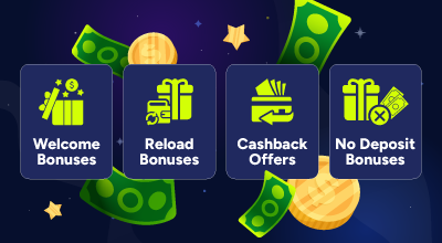 Casino bonus categories including welcome, reload, cashback, and no deposit offers.