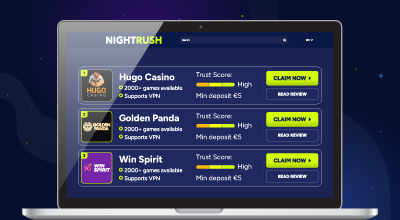 Top-rated casinos with trust scores and minimum deposit info.