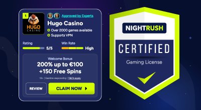 Casino license approval and welcome bonus promotion display.