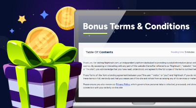 Casino bonus terms page with a gift icon.