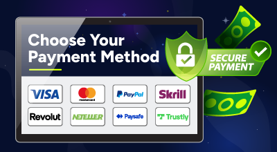 Secure payment options including cards, e-wallets, and trusted platforms.