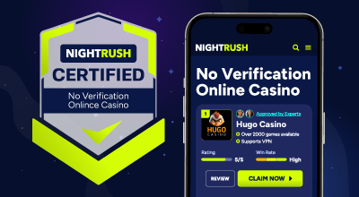 Certified no-verification online casino approval next to a phone.