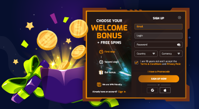 Welcome bonus registration form with free spins offer displayed.
