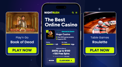 Online casino showcasing slot and table games like Book of Dead and Roulette.