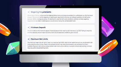 Casino bonus terms outlining wagering, deposit, and bet limit rules.
