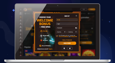 Online casino sign-up form with a welcome bonus selection screen.