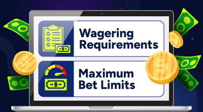 Casino terms highlighting wagering requirements and betting limits.