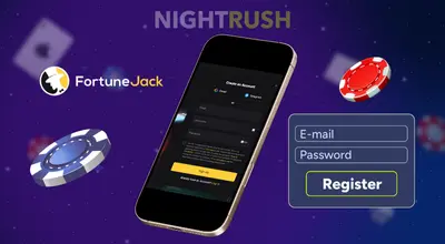 A smartphone is showing the FortuneJack Casino’s sign-up page, register button, two casino chips, and the FortuneJack logo, all against a starry blue background.