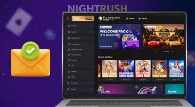 A laptop is showing the FortuneJack Casino’s homepage and with a yellow email symbol with confirmation, all against a starry blue background.