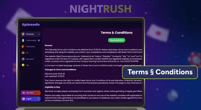 A laptop shows Spinando casino’s terms with terms and conditions button on a starry background.