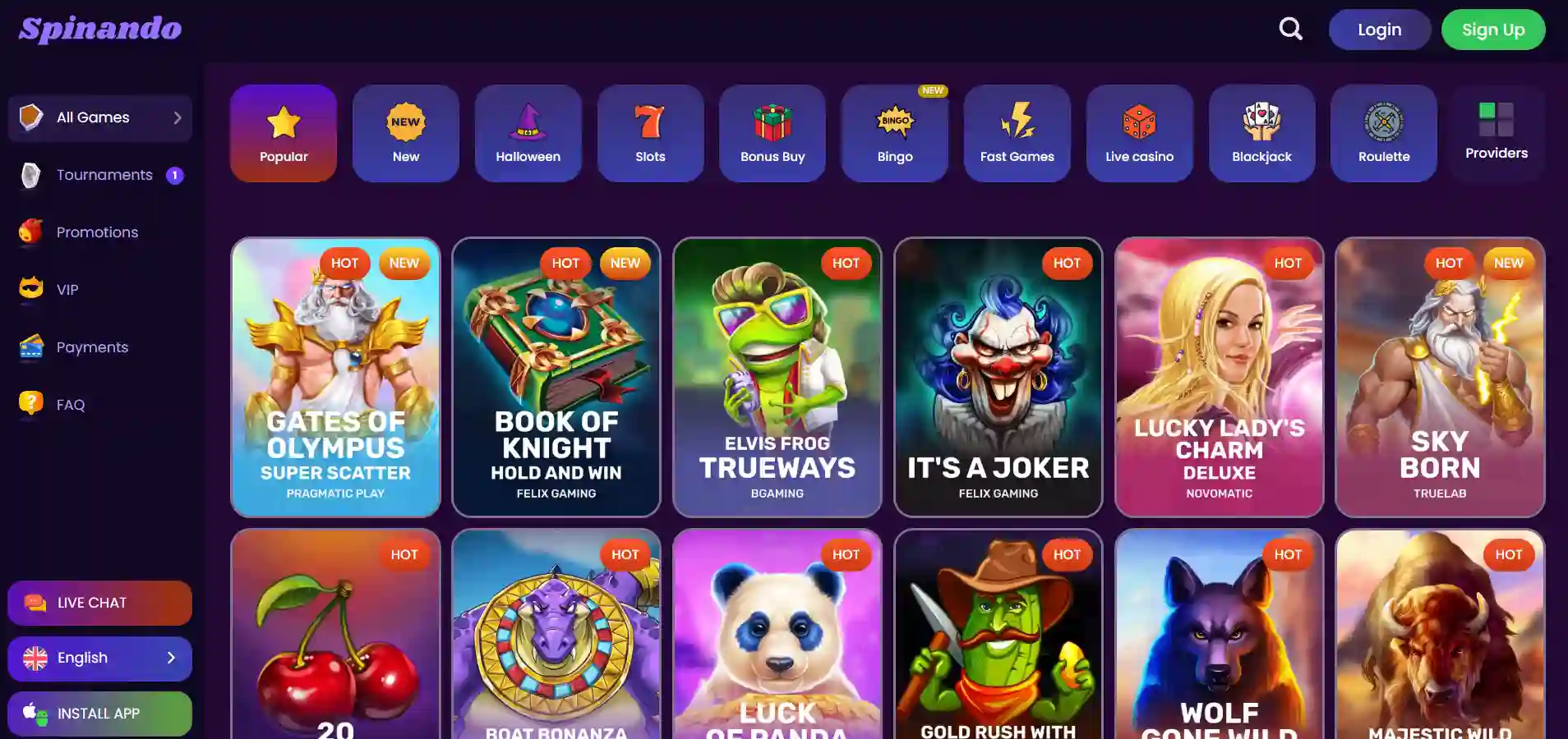 The image shows a selection of Spinando's casino games and menu options on a dark background.