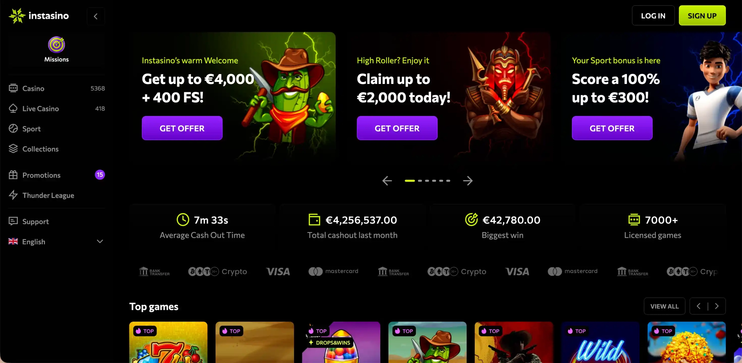 Instasino Homepage Interface