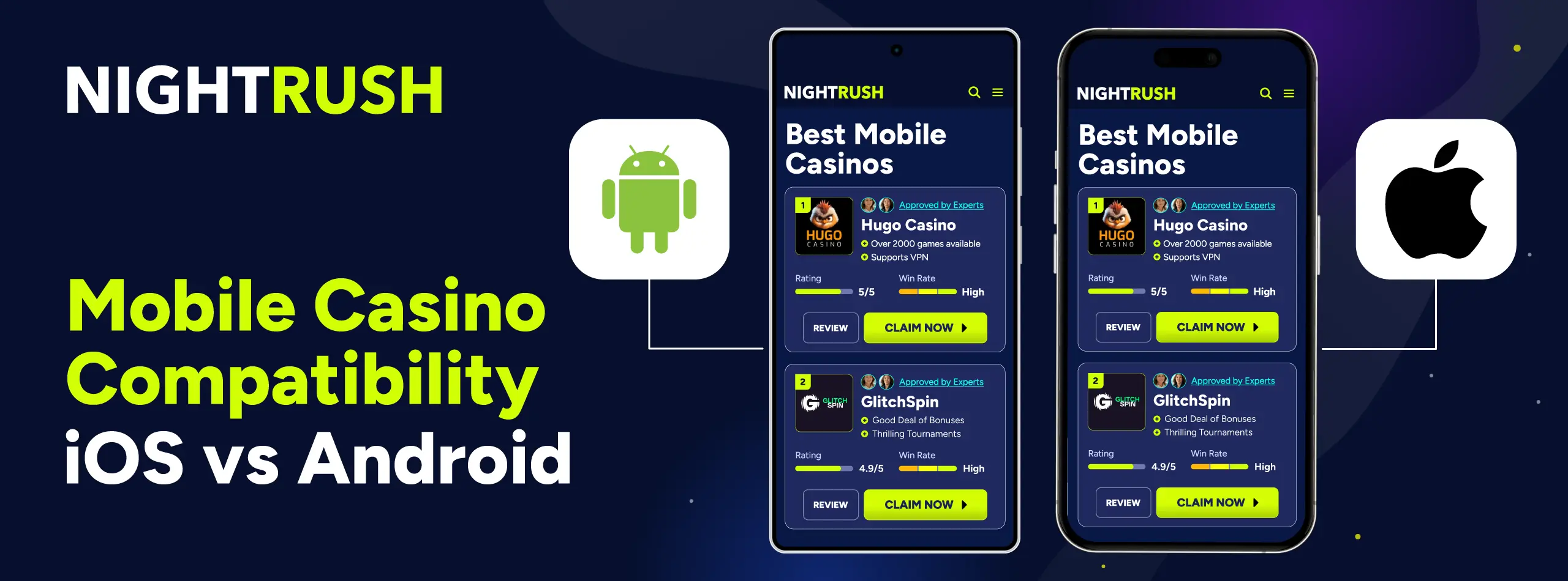 Comparison banner of mobile casino compatibility between Android and iOS devices.